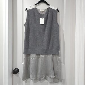 CLU Mixed Media Gray Silver Sleeveless Lambswool Knit Top with 100% Silk Details